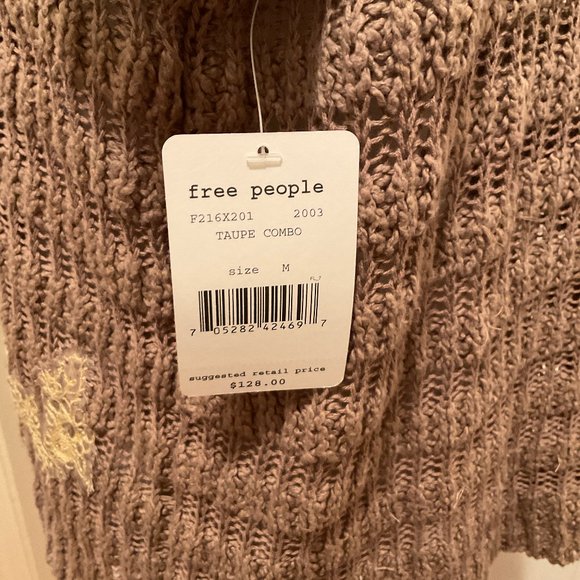 Free People Sweater M Brown Yellow Taupe Applique Long Sleeve Semi-Open Eave NWT - Picture 7 of 11